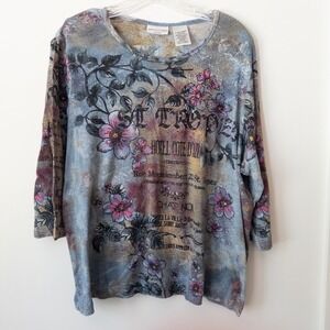 Boho Artsy St Tropez Floral Graphic‎ Top 2X Embellished All Over Print Retro